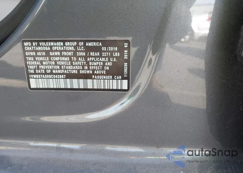 2016 Volkswagen Passat 1.8T Se z USA, uszkodzony, nr VIN 1VWBS7A30GC042887